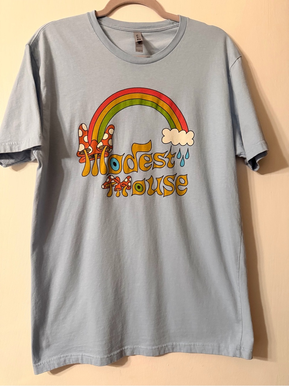 Modest Mouse Rainbow Mushrooms Next Level Apparel Light Blue T-Shirt Sz L